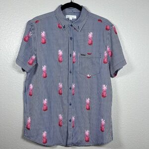 Vintage Summer Blue White Men Medium Stretch Shirt Short Sleeve‎ Pink Pineapples